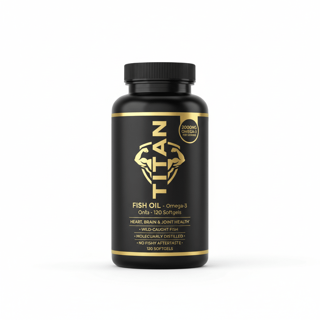 Black bottle of TITAN Fish Oil with gold label, Omega-3 logo, and 120 softgels text on a white background.