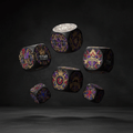 Five floating black fitness dice featuring intricate, colorful crowns, shields, and gym gear graphics on a dark background.