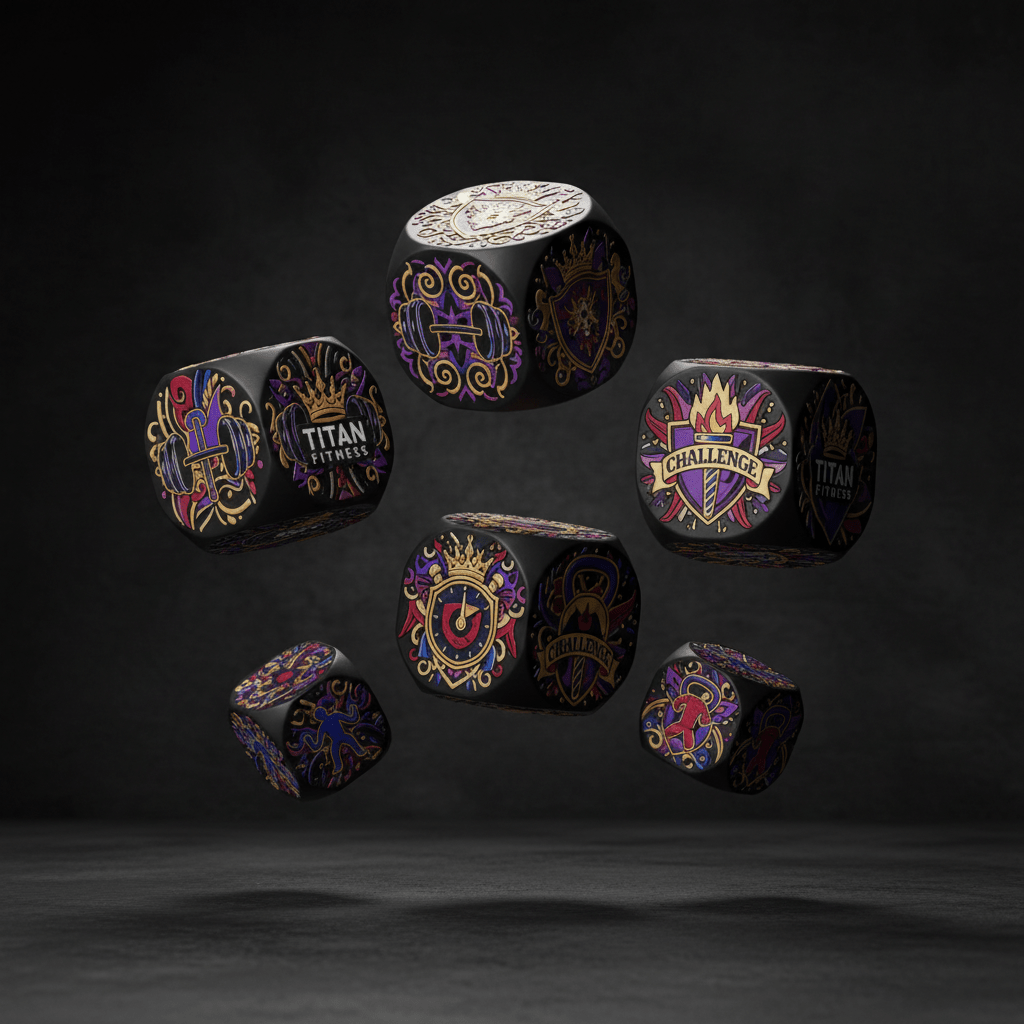 Five floating black fitness dice featuring intricate, colorful crowns, shields, and gym gear graphics on a dark background.
