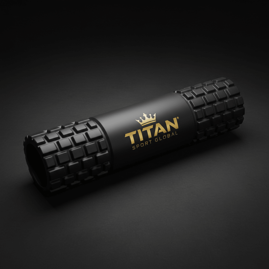 Black 18-inch Titan Sport Global foam roller with textured grid pattern and gold logo on a dark background.