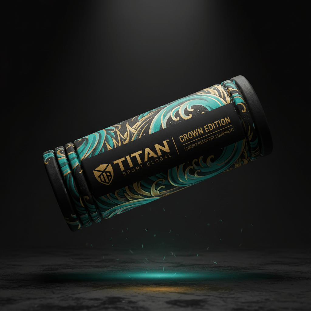 TITAN Crown Edition foam roller in black with teal and gold swirl patterns and gold branding on a black background.