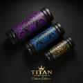 TITAN 3-piece foam roller set featuring black cylinders with intricate purple, blue, and gold crown-themed patterns.