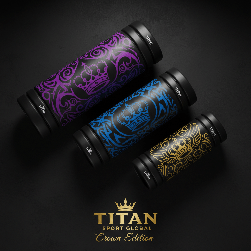TITAN 3-piece foam roller set featuring black cylinders with intricate purple, blue, and gold crown-themed patterns.