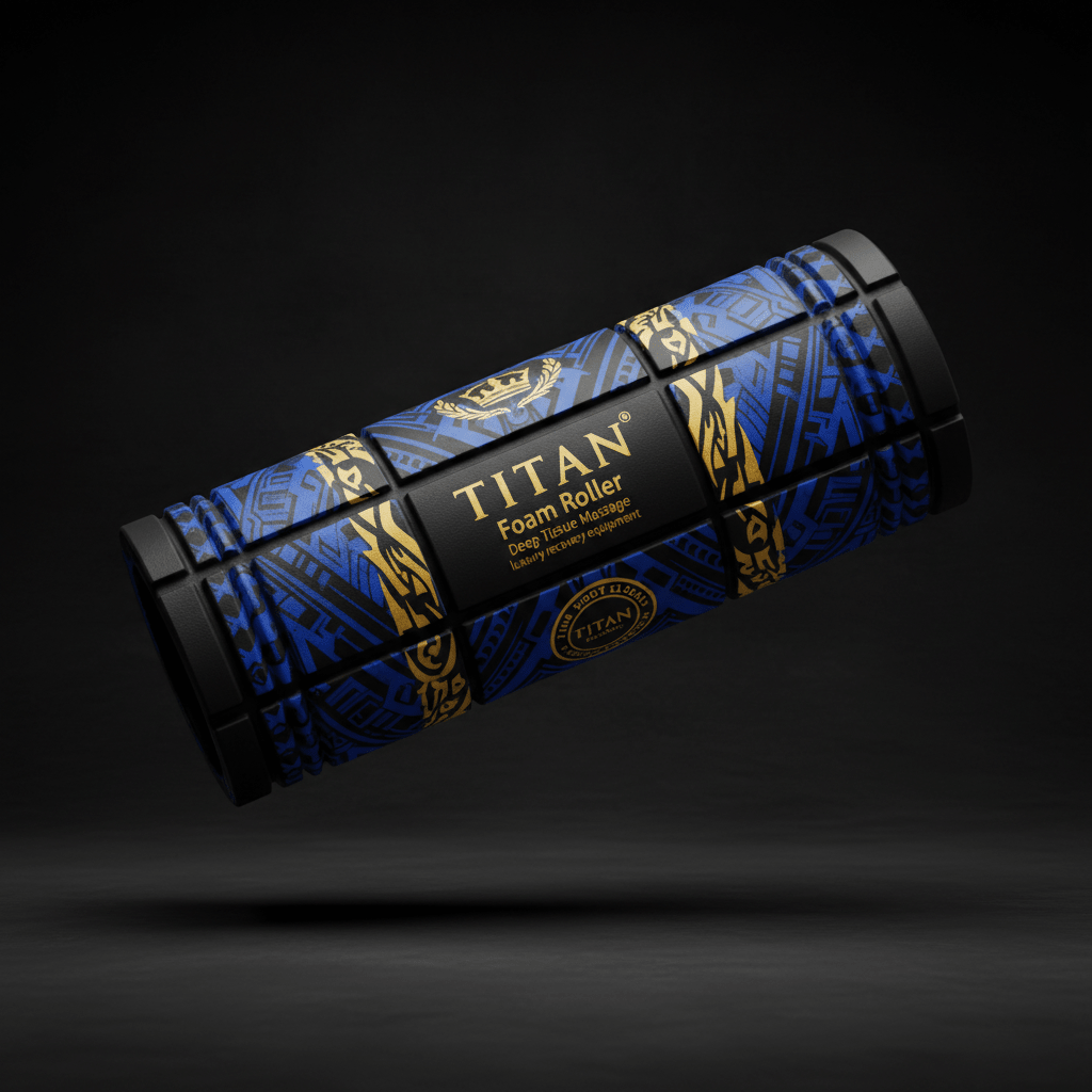 TITAN blue and gold deep tissue foam roller with tribal-inspired patterns and branded center panel on black background.