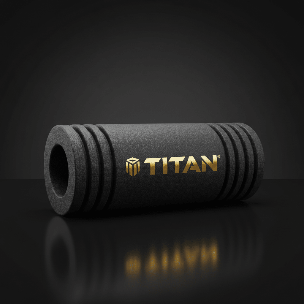 Black high-density foam roller with ribbed ends and centered gold TITAN logo, set against a dark background.