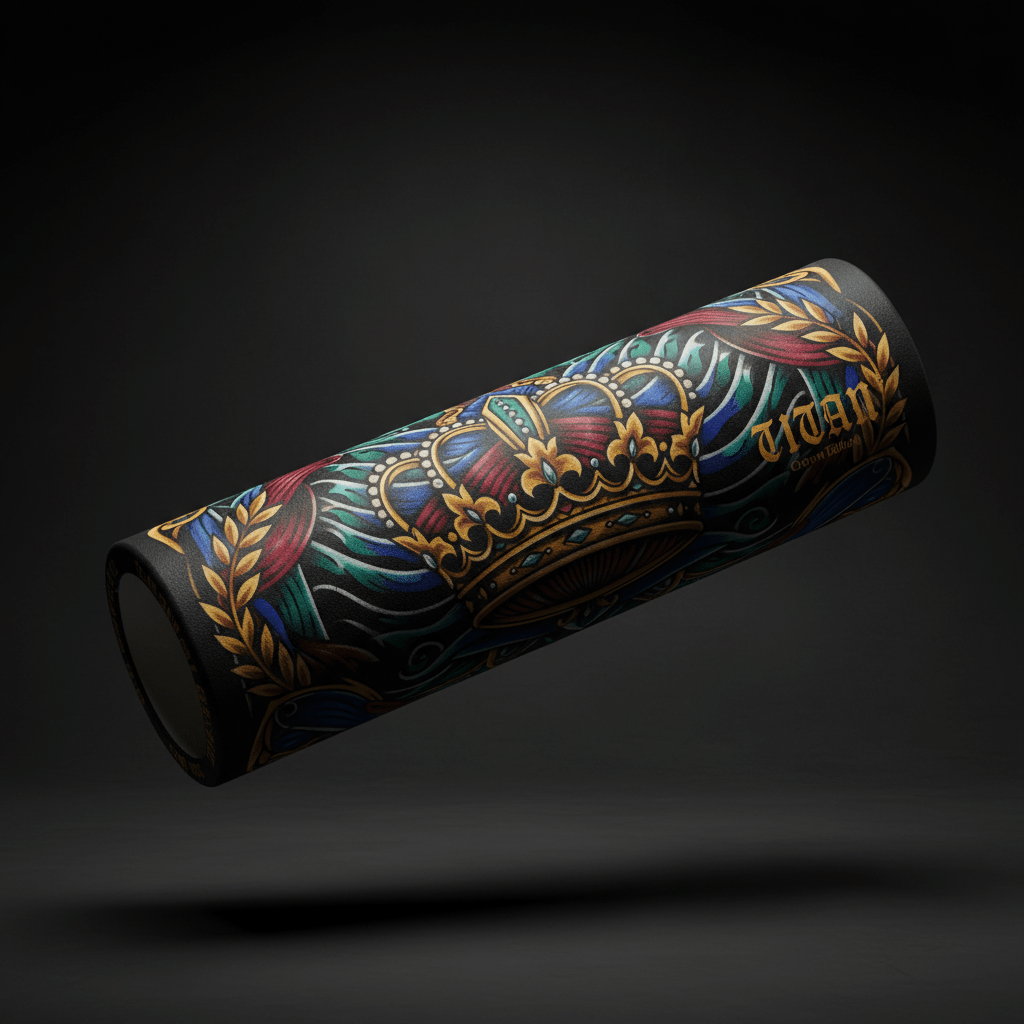 TITAN high-density foam roller with black base, featuring a vibrant, tattoo-style gold crown and laurel leaf design.