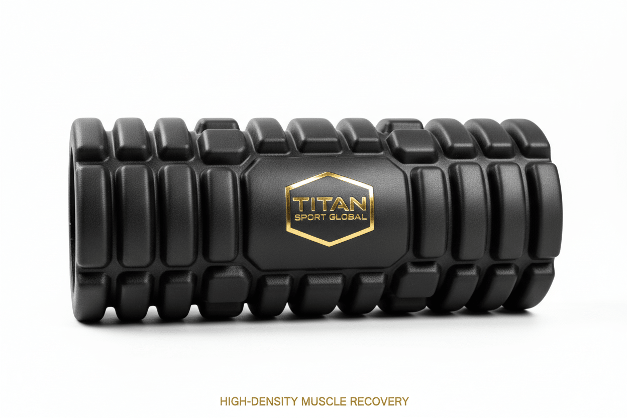 Black TITAN Sport Global foam roller with textured grid pattern and centered gold hexagonal logo on white background.