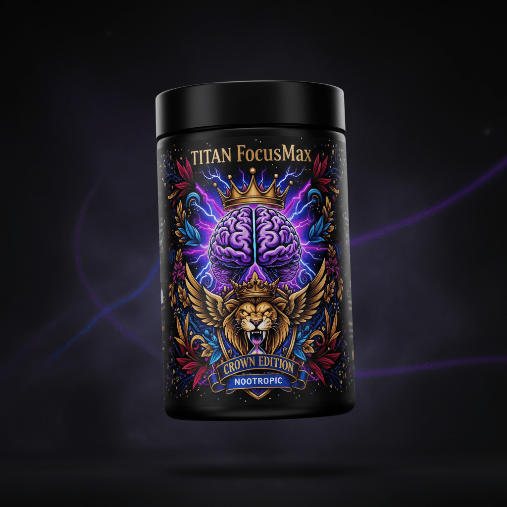 Black tub of TITAN FocusMax with vibrant brain, winged lion, gold crown, and electric purple lightning on dark background.