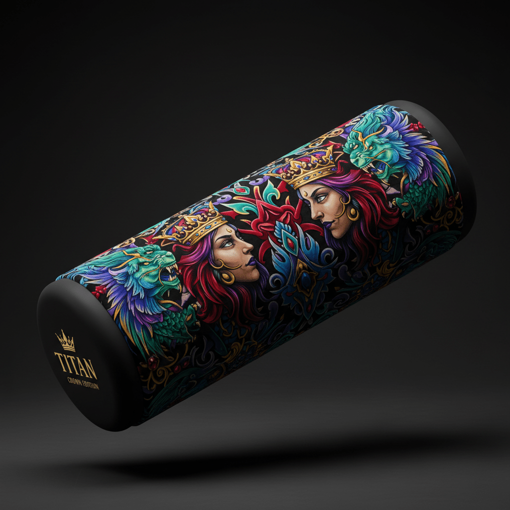 TITAN foot massage roller with vibrant, ornate artwork of crowned women and mythical creatures on a black background.