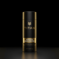 Matte black cylindrical container with gold TITAN logo and "ATHLETE ODOR CONTROL" text on a black background.