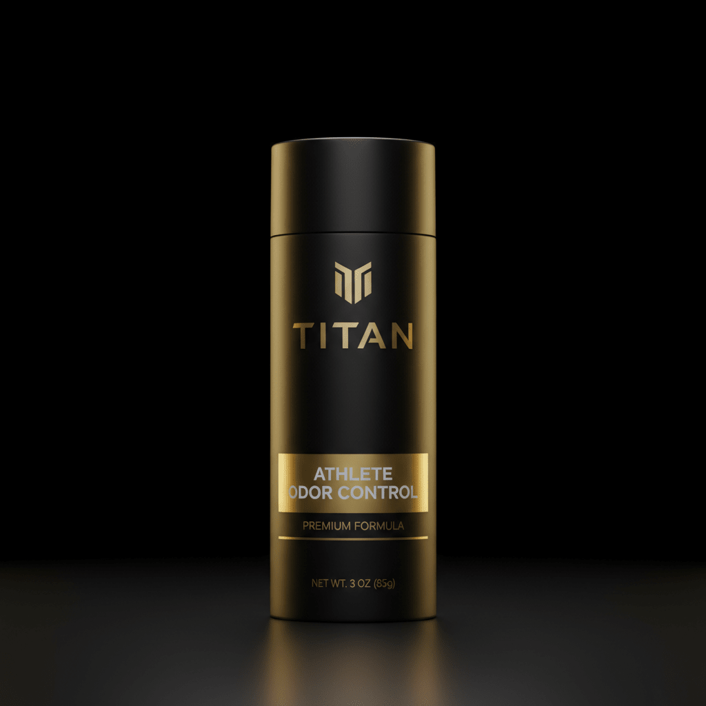 Matte black cylindrical container with gold TITAN logo and "ATHLETE ODOR CONTROL" text on a black background.