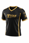 Black and gold TITAN Sport Global V-neck jersey with athletic helmet logo, side panels, and numbered sleeve details.