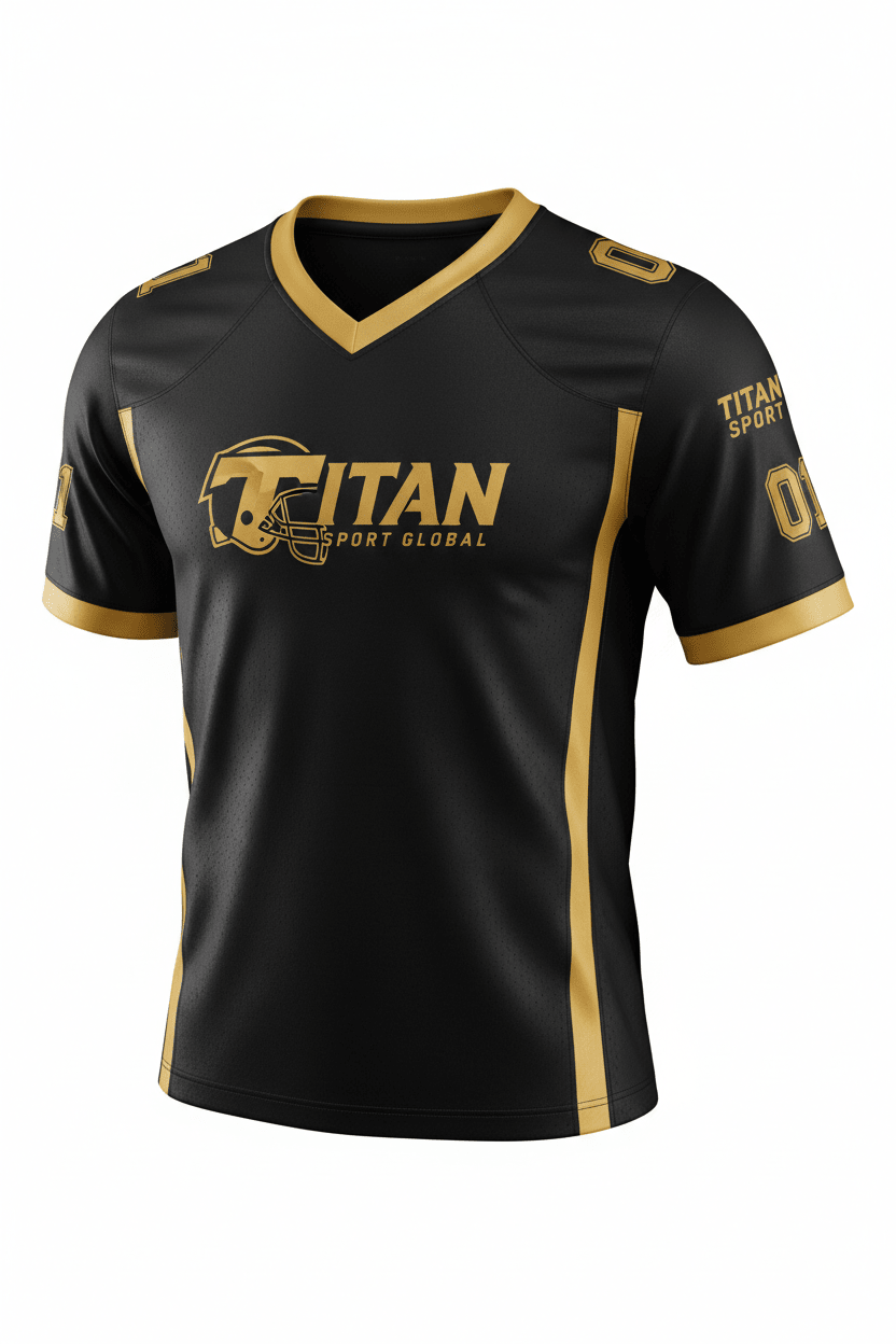 Black V-neck performance jersey with gold accents, featuring Titan Sport Global logo and helmet graphic on chest.