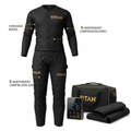 Black TITAN compression suit with gold branding, digital control unit, carrying bag, and compression attachments.