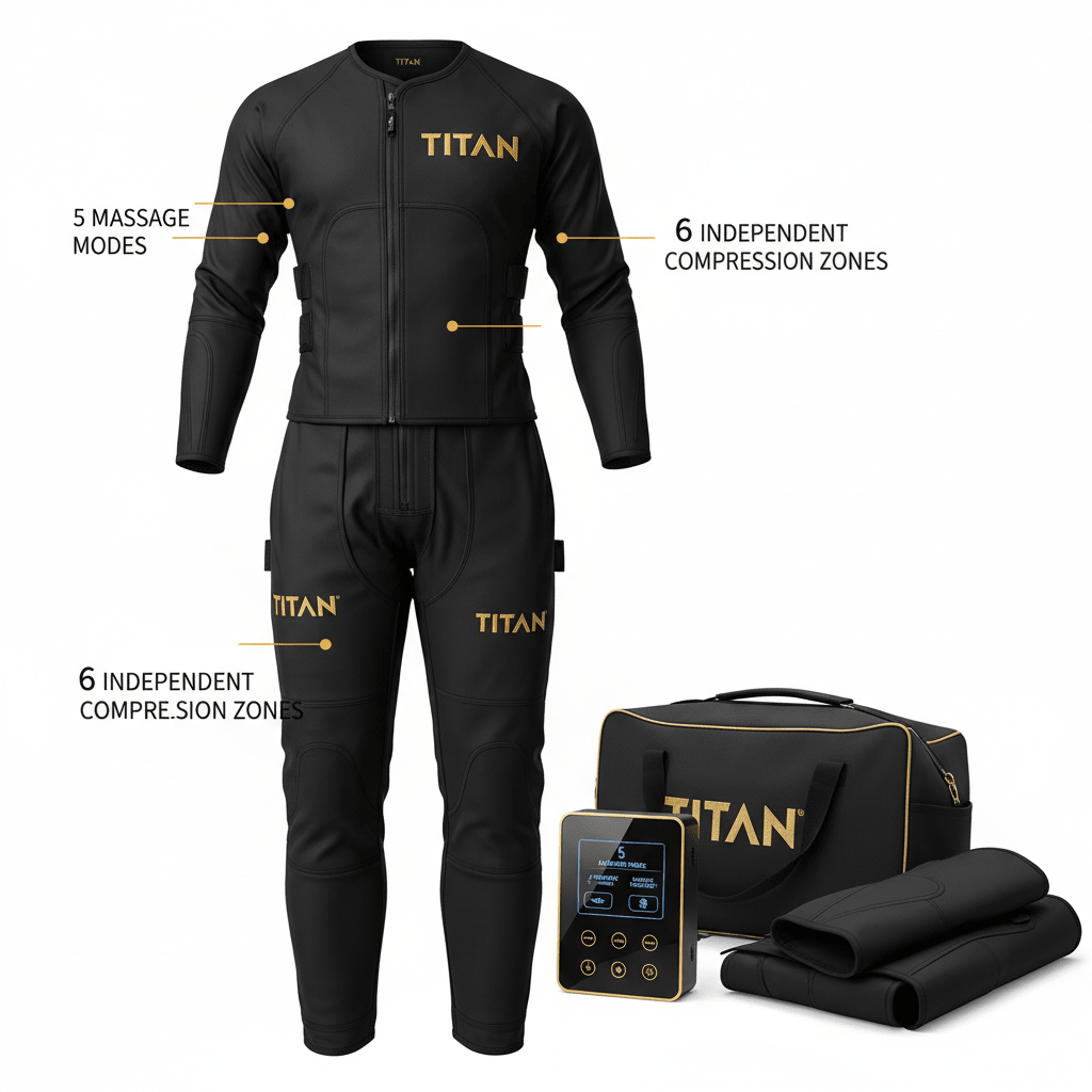 Black TITAN compression suit with gold branding, digital control unit, carrying bag, and compression attachments.