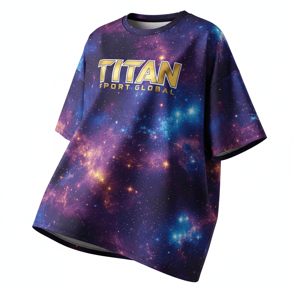 Oversized crewneck tee with cosmic nebula print, featuring "TITAN SPORT GLOBAL" in gold lettering on a purple base.