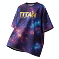 Oversized crewneck tee with cosmic nebula print, featuring "TITAN SPORT GLOBAL" in gold lettering on a purple base.