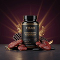 Black bottle of TITAN Ganoderma Mushroom capsules with red Reishi, lotus pods, and stones on a dark, gold-lit background.