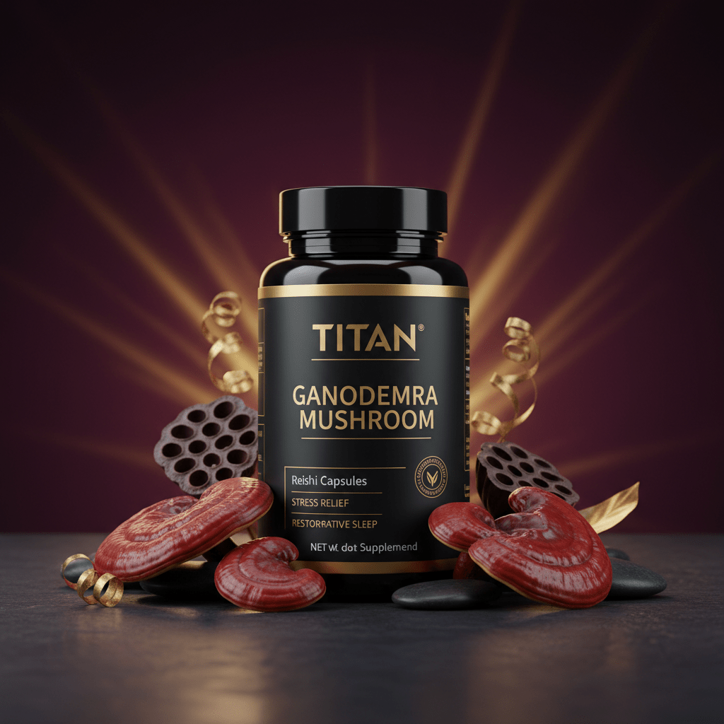 Black bottle of TITAN Ganoderma Mushroom capsules with red Reishi, lotus pods, and stones on a dark, gold-lit background.