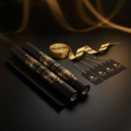 TITAN premium gift wrap set with black rolls, ornate gold print, metallic ribbon, and four branded black gift tags.