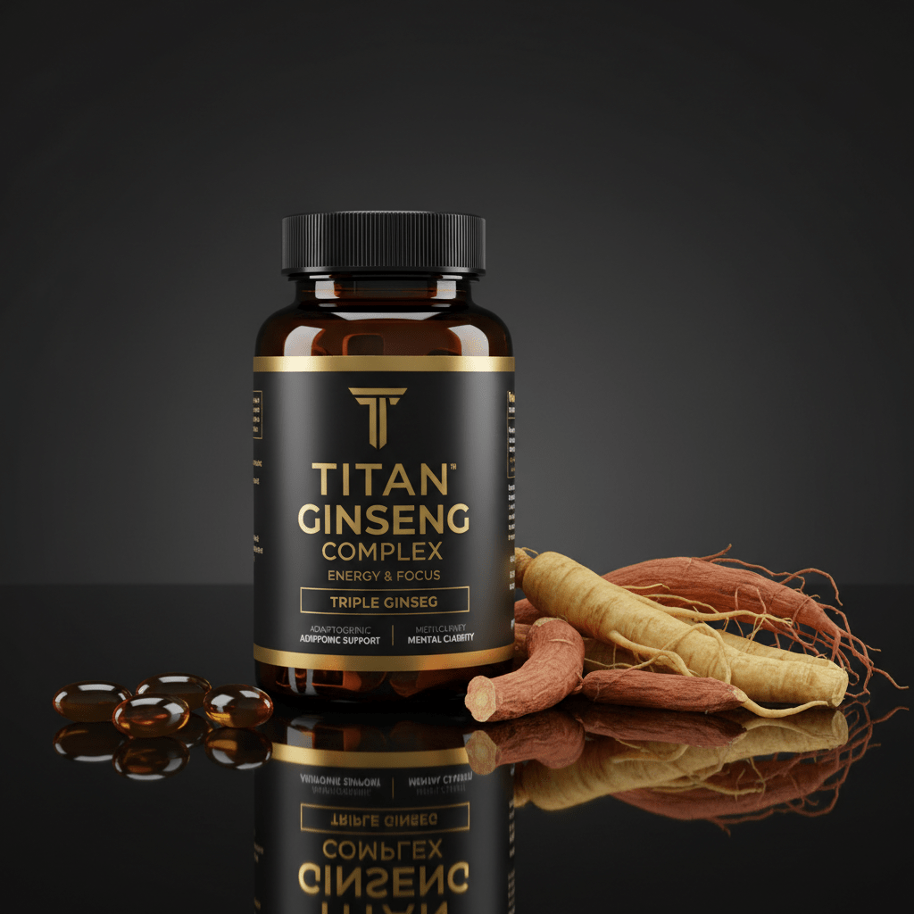 Amber supplement bottle with black and gold label, titled TITAN Ginseng Complex, surrounded by raw ginseng roots.