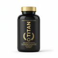 Black supplement bottle with gold lid, "TITAN" logo, wheat wreath, and "Glucosamine Chondroitin" label in gold text.