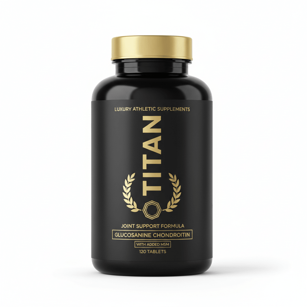 Black supplement bottle with gold lid, "TITAN" logo, wheat wreath, and "Glucosamine Chondroitin" label in gold text.