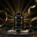 Black TITAN Glucosamine Chondroitin bottle with gold text, 90 capsules on marble, gold ribbons, black velvet bag.