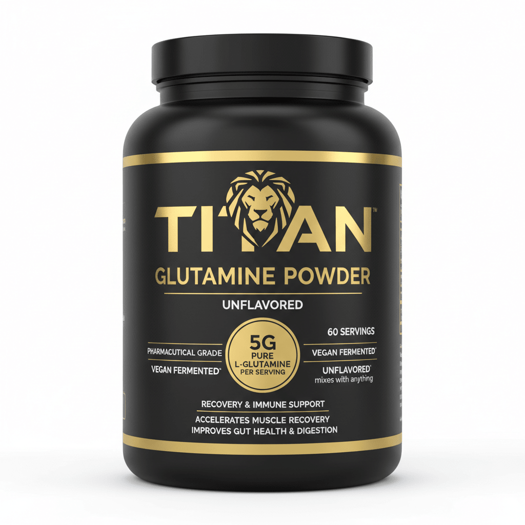 Black tub of Titan Glutamine Powder with gold lion logo, bold gold text, and 60 servings label on white background.