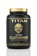 Black 2lb tub of TITAN Glutamine powder with gold text, branding, and a golden gladiator mask logo and lid.