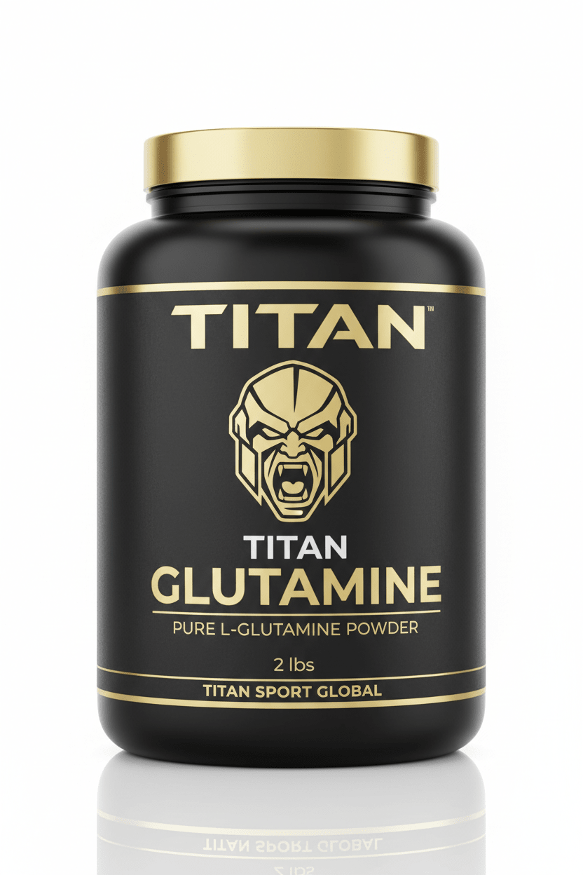 Black 2lb tub of TITAN Glutamine powder with gold text, branding, and a golden gladiator mask logo and lid.