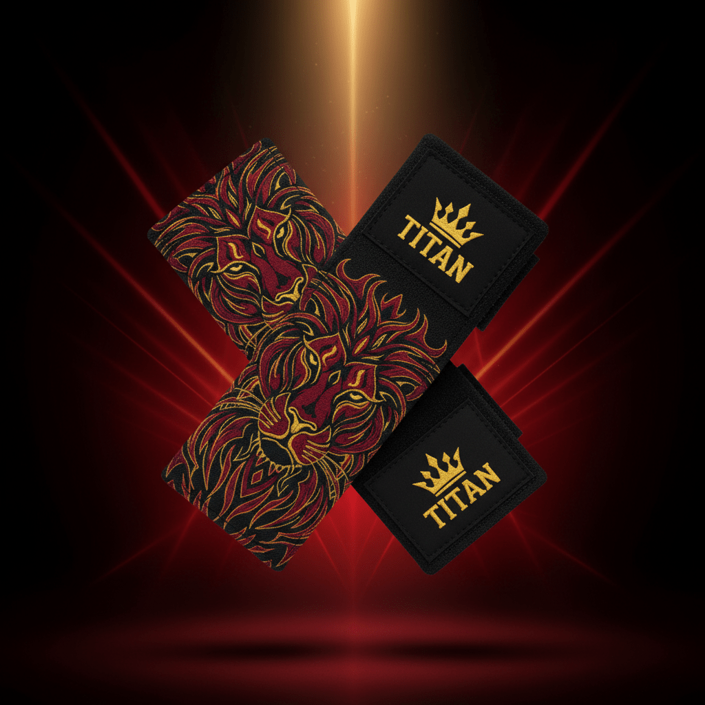 Titan 18" wrist wraps with gold and crimson tribal lion art and embroidered gold crown TITAN logos on black fabric.