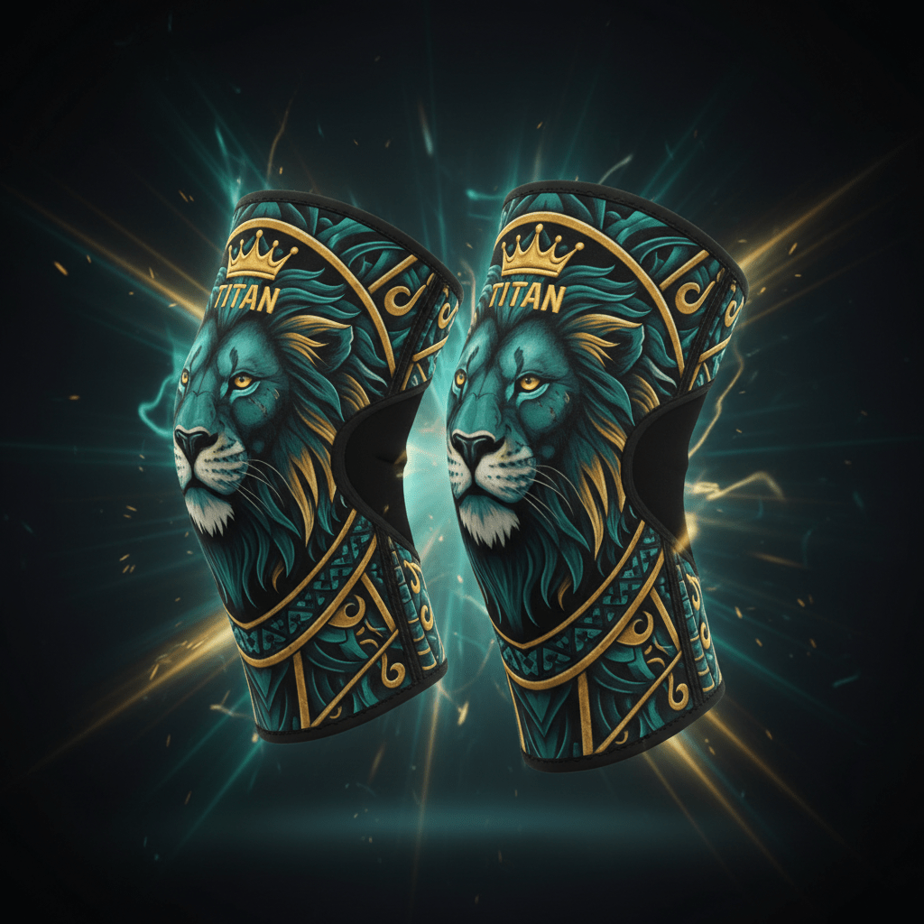 TITAN Gold & Teal Lion Armor Knee Sleeves Crown Edition