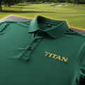 Green performance stretch golf polo featuring a three-button placket, collar, and embroidered gold TITAN logo.