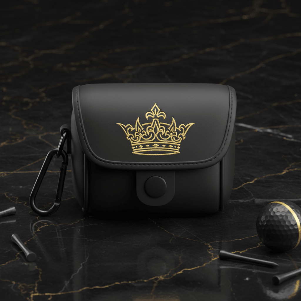 Matte black golf rangefinder bag with embroidered gold crown logo, snap closure, and black carabiner on marble surface.