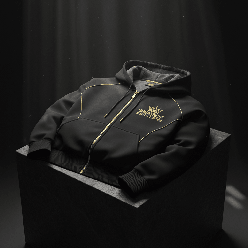 Black zip-up hoodie featuring a gold crown logo and the motivational text "Greatness is my only option."