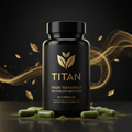 Black supplement bottle with gold "TITAN" logo, text, and floating leaves on a black background with green capsules.