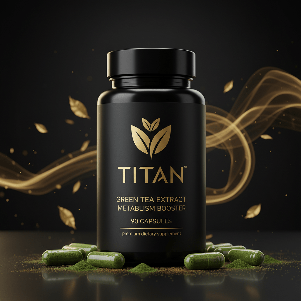 Black supplement bottle with gold "TITAN" logo, text, and floating leaves on a black background with green capsules.