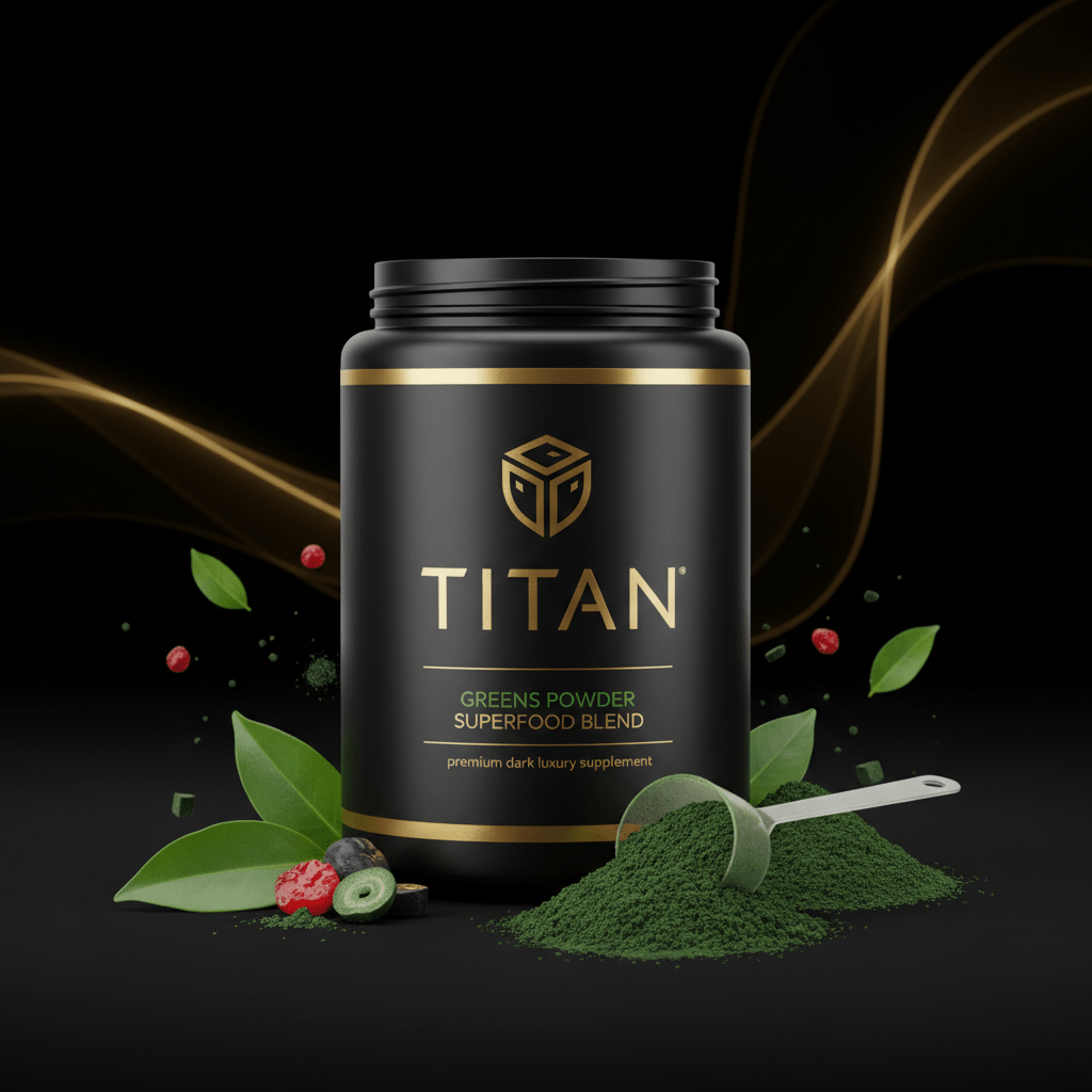 Black TITAN Greens Powder jar with gold logo, green powder, scoop, leaves, and berries on a black background.
