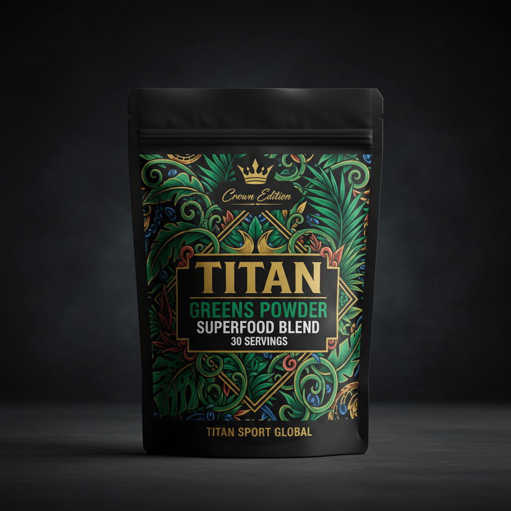 TITAN Greens Powder pouch in black with ornate green tropical foliage, gold crown logo, and bold white text.