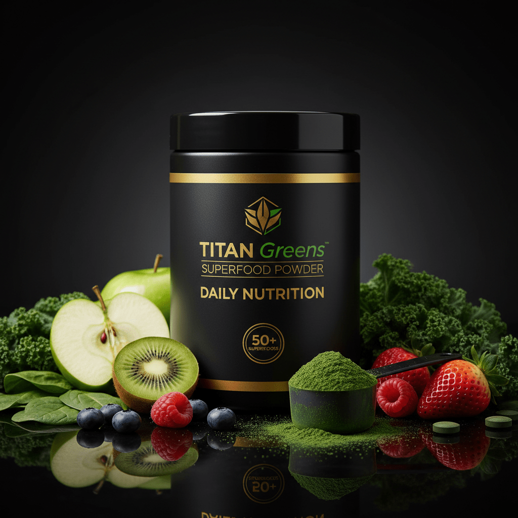 Black tub of TITAN Greens Superfood Powder with scoop of green powder, fresh kale, apple, kiwi, berries on black glass.