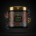 TITAN Greens tub with a gold lid and vibrant dragon-themed art against a black background with glowing light swirls.