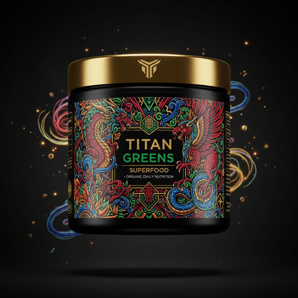 TITAN Greens tub with a gold lid and vibrant dragon-themed art against a black background with glowing light swirls.