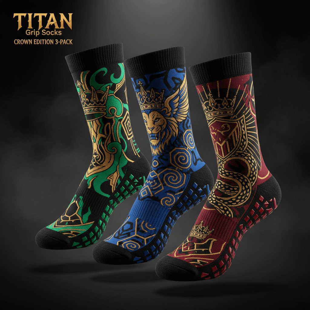 TITAN 3-pack non-slip grip socks in green, blue, and red with gold lion, crown, and crest designs on black fabric.