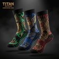 TITAN 3-pack non-slip grip socks in green, blue, and red with gold lion, crown, and crest designs on black fabric.