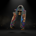 Black Titan grip strengthener featuring vibrant lion and queen tattoo-style art, gold spring, and textured ends.