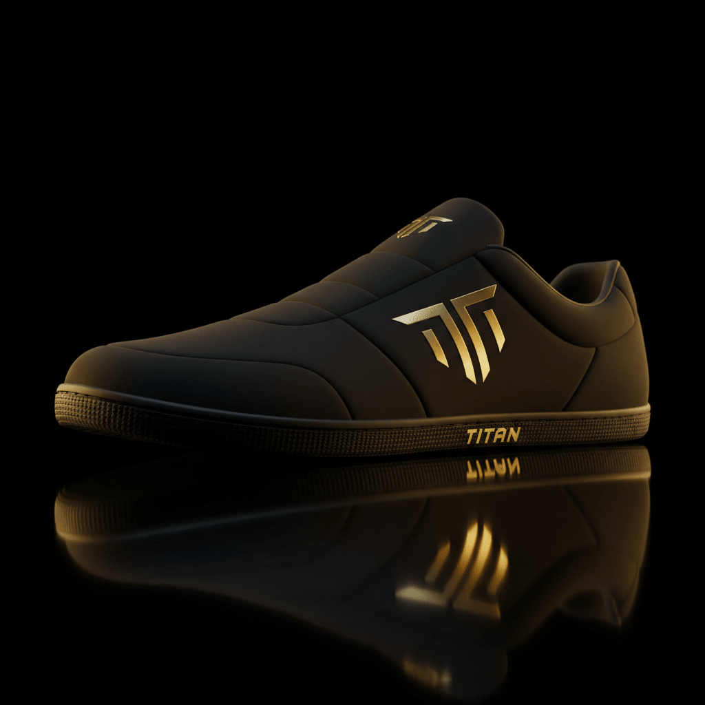 TITAN GripMax deadlift slipper in matte black with gold logo, minimalist sole, and reflective black surface.