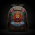 TITAN backpack with vibrant, ornate lion-king artwork, colorful tribal patterns, gold zippers, and black accents.