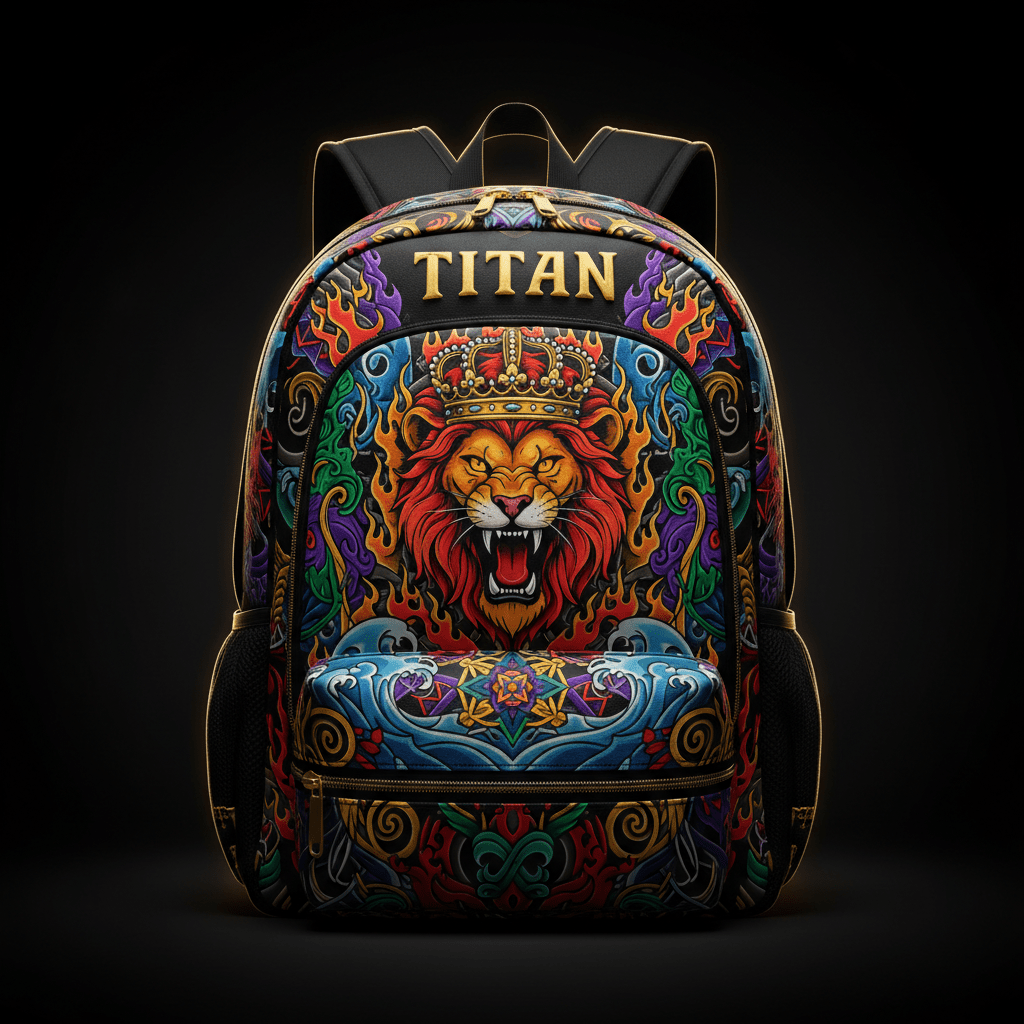 TITAN backpack with vibrant, ornate lion-king artwork, colorful tribal patterns, gold zippers, and black accents.