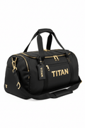 Black 40L TITAN duffel gym bag with gold logo, matching gold zippers, hardware, and a branded luggage tag.